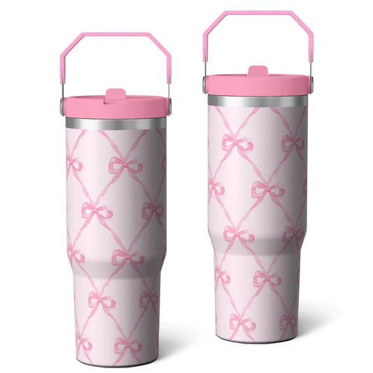 1pc Bow 30oz Tumbler with Straw & Handle - Insulated Stainless Steel Cup | Holiday Gift for Man Women (Christmas, Valentine's, Birthday)