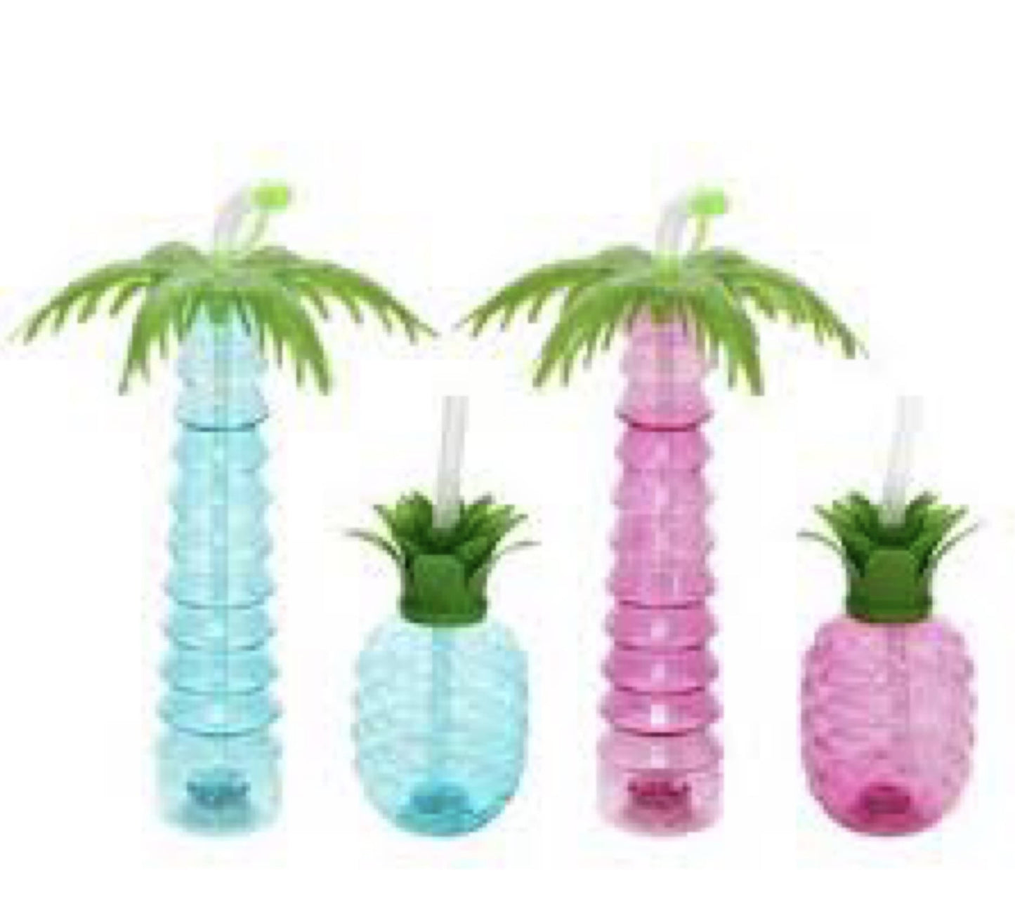 (4 Counts) HTL BPA-Free Palm Tree and Pineapple Shaped LED Light Up Tumblers with Straws, Luau Yard Party Cups with Lids, for Margaritas, Cold or Frozen Drinks, Kids Fun Summer 17-oz & 22-oz