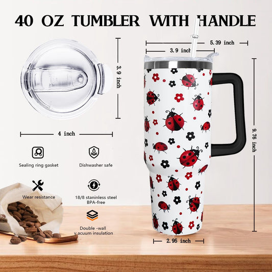 40 Oz Ladybug Tumbler With Handle - Coffee Travel Mug Cup Water Bottle, Strawberry Decor - Gifts for Women