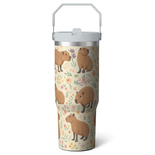 1pc Capibara 30oz Tumbler with Straw & Handle - Insulated Stainless Steel Cup | Holiday Gift for Man Women (Christmas, Valentine's, Birthday)