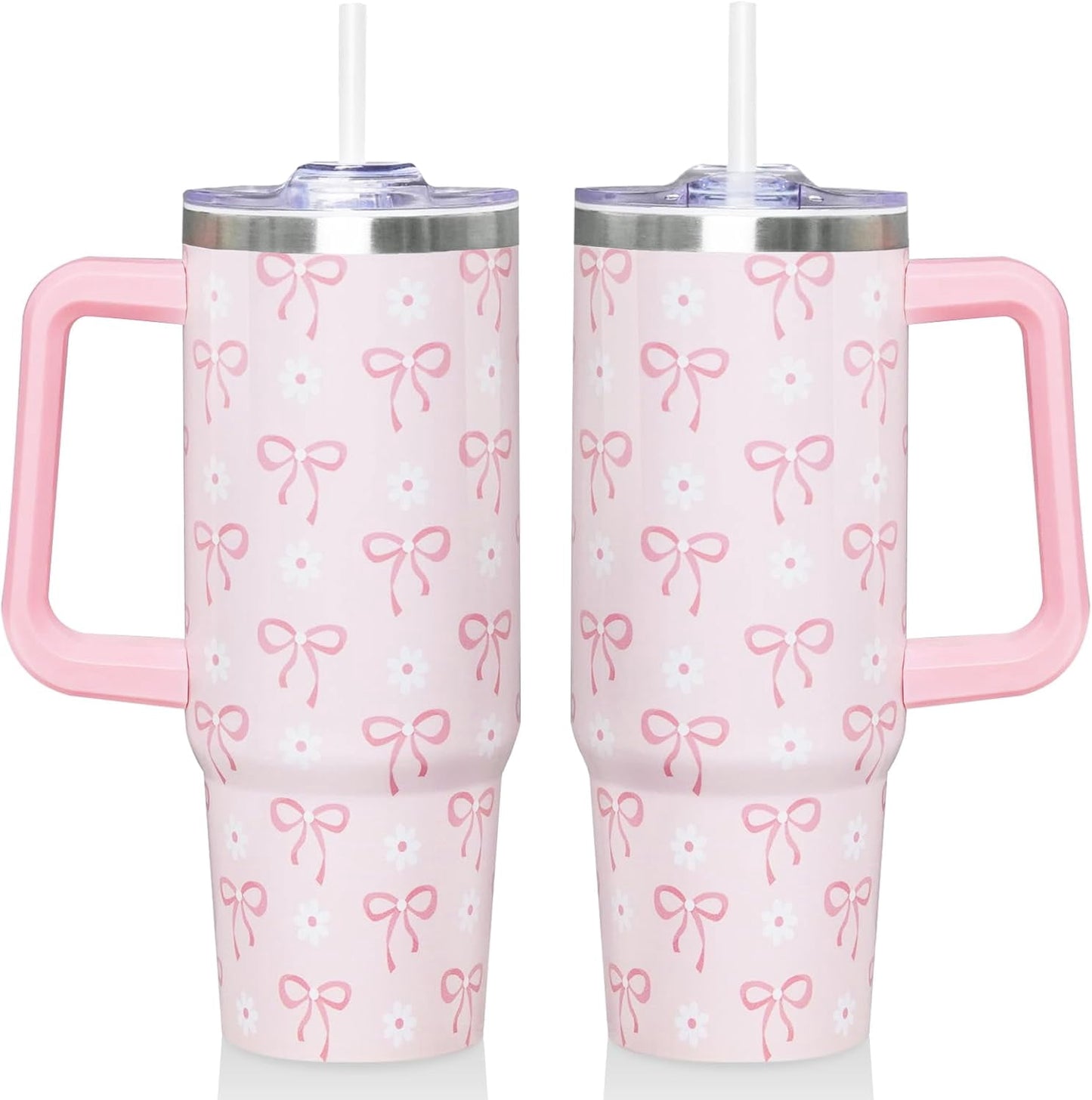 30 Oz Blue Bow Tumbler with Handle and Straw, Insulated Stainless Steel Coffee Travel Cup Mug Water - Tumbler