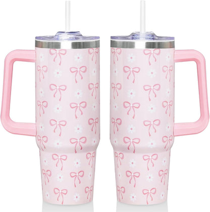 30 Oz Blue Bow Tumbler with Handle and Straw, Insulated Stainless Steel Coffee Travel Cup Mug Water - Tumbler