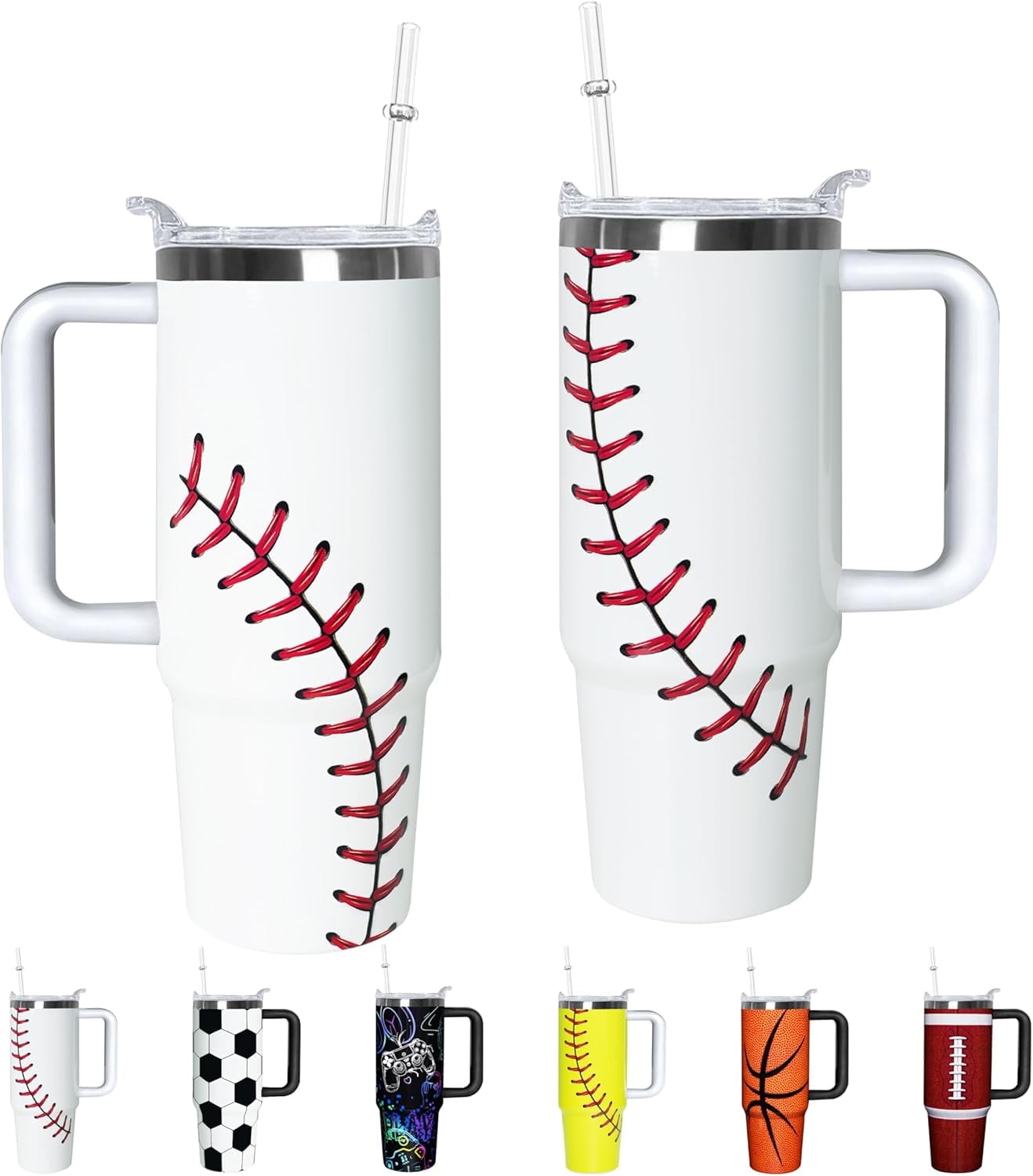 Football Lover Gift 30 oz Flip Straw Tumbler with Top Handle Football Pattern BPA-Free Leak Proof Stainless - Tumbler