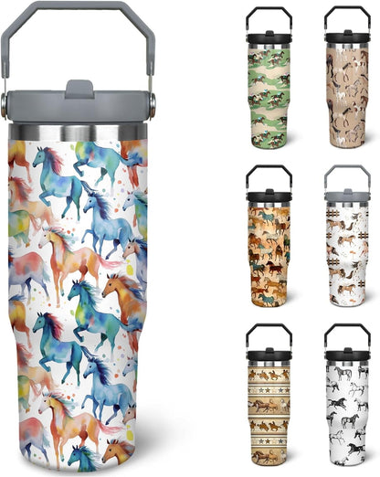 30 oz Horse Tumbler With Handle and Straw, 30oz Horse Flip Straw Tumbler Insulated Coffee Travel Mugs - Tumbler