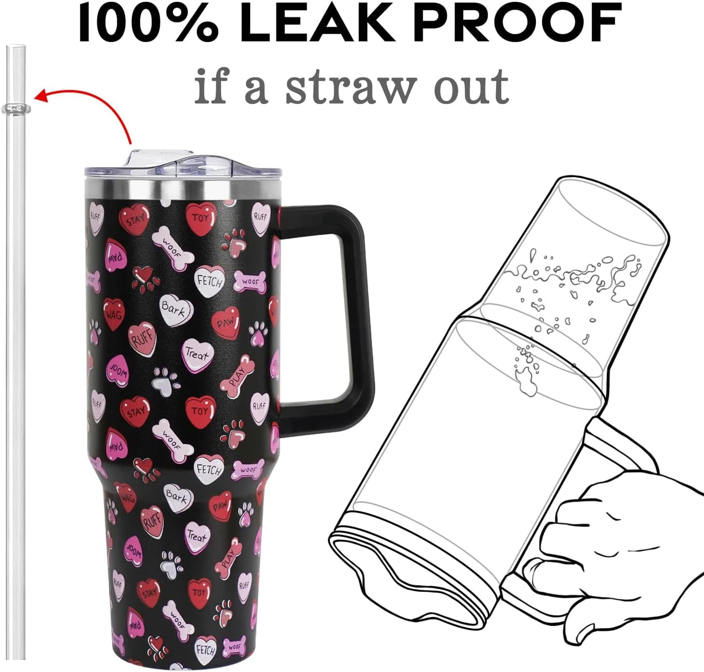 Valentines Day Gifts 40 oz Tumbler with Handle and Straw Lid,Valentine''s Day Gift for Her Women Girlfriend Wife Dog Bones and Candy Hearts Vacuum Insulated Leak Proof Stainless Steel Coffee Cup Mug