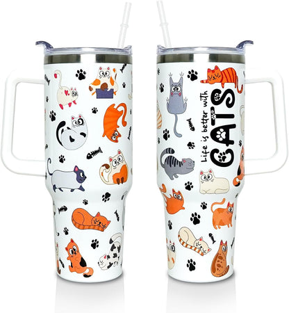 40 oz Tumbler with Handle and Straw Lid, Purple Butterfly Insulated Cup, Double Vacuum Leak Proof Coffee - Tumbler