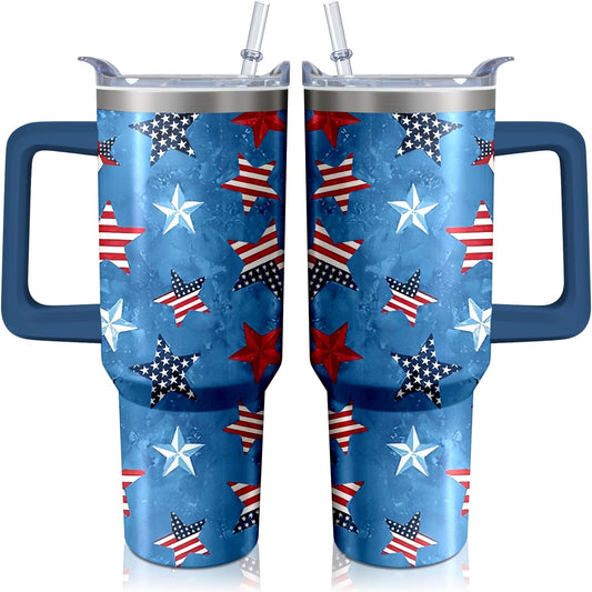 40oz American Flag 4th of july Tumbler With Handle and Straw, Gifts For Memorial Day Veterans day Independence day, Patriots Coffee Mug Water Bottle, Labor Day Stainless Steel Insulated Cup