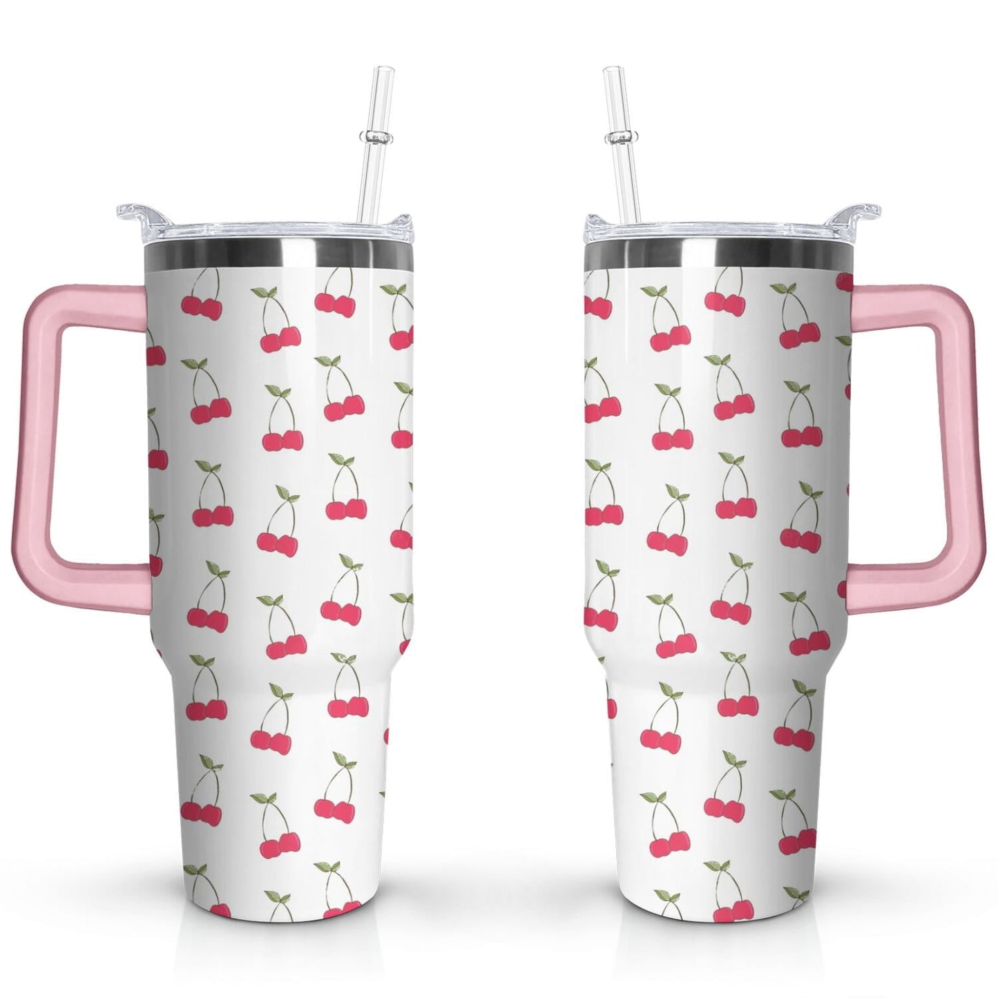 40oz Red Cherry Fruit Pattern Stainless Steel Flip Straw Tumbler Spill Proof Travel Cup Double Wall Vacuum - Tumbler