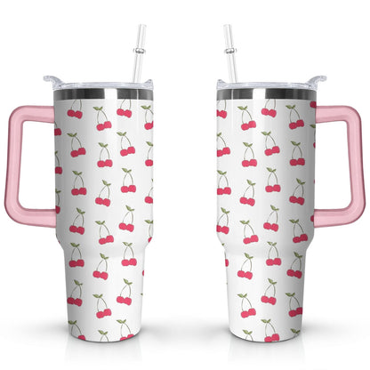 40oz Red Cherry Fruit Pattern Stainless Steel Flip Straw Tumbler Spill Proof Travel Cup Double Wall Vacuum - Tumbler
