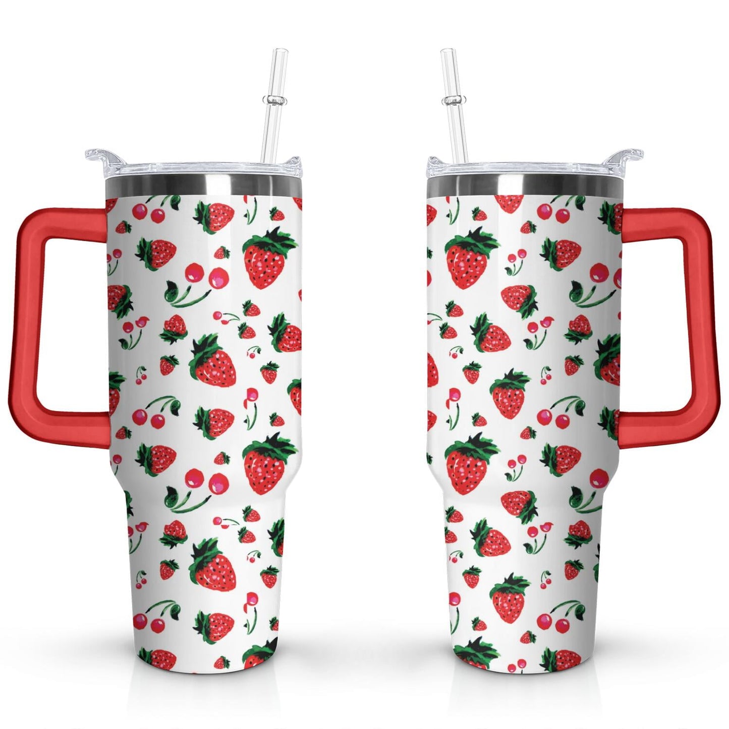 40oz Red Cherry Fruit Pattern Stainless Steel Flip Straw Tumbler Spill Proof Travel Cup Double Wall Vacuum - Tumbler