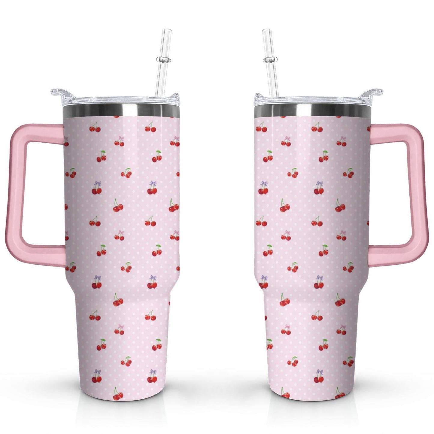 40oz Red Cherry Fruit Pattern Stainless Steel Flip Straw Tumbler Spill Proof Travel Cup Double Wall Vacuum - Tumbler
