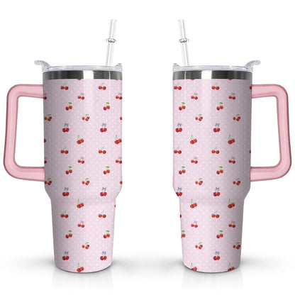 40oz Red Cherry Fruit Pattern Stainless Steel Flip Straw Tumbler Spill Proof Travel Cup Double Wall Vacuum - Tumbler