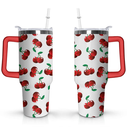 40oz Red Cherry Fruit Pattern Stainless Steel Flip Straw Tumbler Spill Proof Travel Cup Double Wall Vacuum - Tumbler
