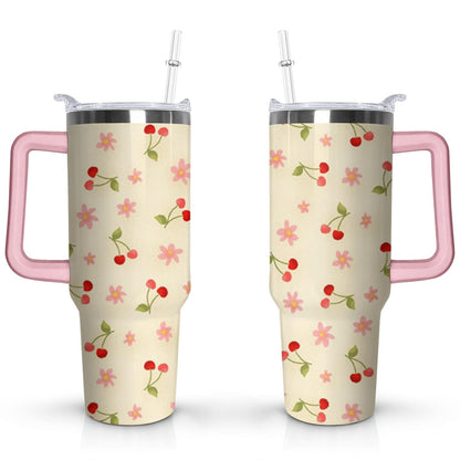 40oz Red Cherry Fruit Pattern Stainless Steel Flip Straw Tumbler Spill Proof Travel Cup Double Wall Vacuum - Tumbler
