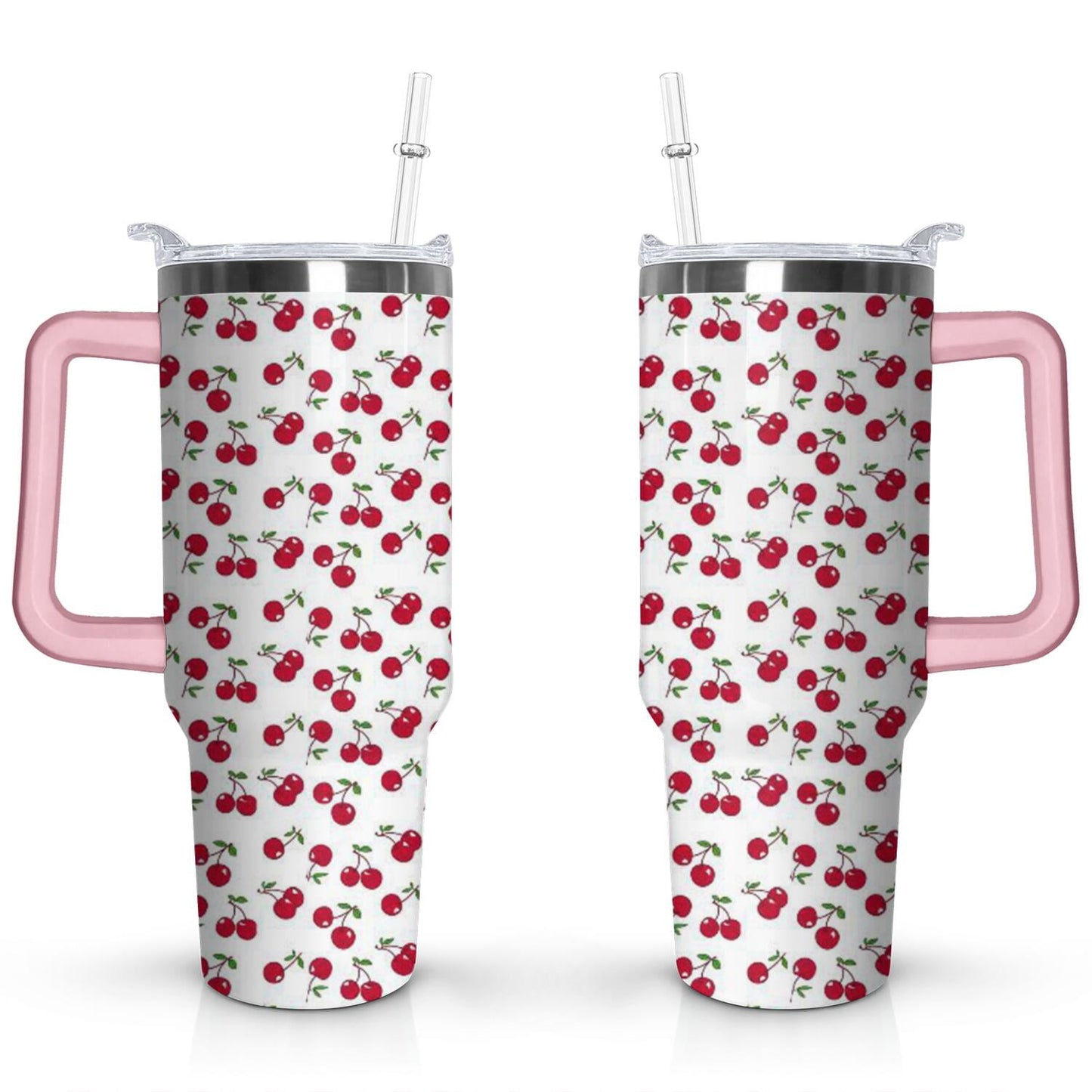 40oz Red Cherry Fruit Pattern Stainless Steel Flip Straw Tumbler Spill Proof Travel Cup Double Wall Vacuum - Tumbler