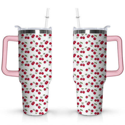 40oz Red Cherry Fruit Pattern Stainless Steel Flip Straw Tumbler Spill Proof Travel Cup Double Wall Vacuum - Tumbler