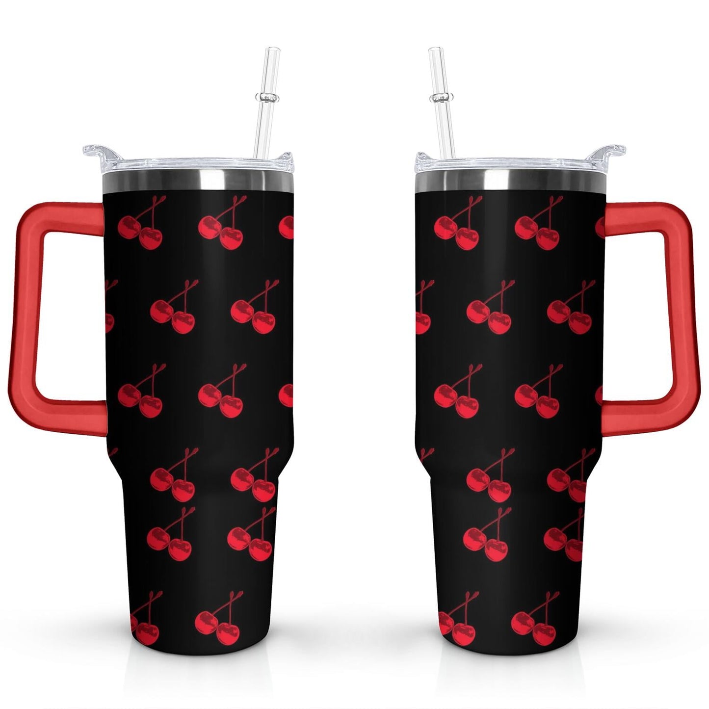 40oz Red Cherry Fruit Pattern Stainless Steel Flip Straw Tumbler Spill Proof Travel Cup Double Wall Vacuum - Tumbler