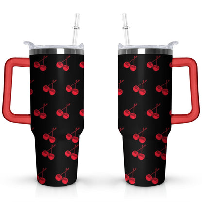 40oz Red Cherry Fruit Pattern Stainless Steel Flip Straw Tumbler Spill Proof Travel Cup Double Wall Vacuum - Tumbler
