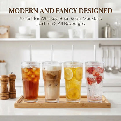 20 oz Clear Ribbed Glass Tumbler with Lid and Straw, Spill-proof Iced Coffee Cups, Hobnail Drinking Set of 4, Vintage Glassware