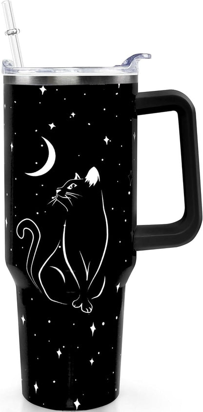 40oz Goth Gothic Tumbler with Handle and Straw, Stainless Steel Vacuum Insulated Flip Straw Butterfly Moon Tumbler, - Tumbler