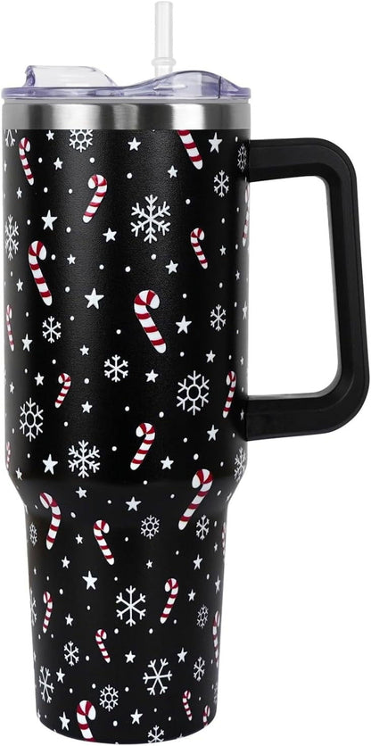 Christmas Tumbler with Handle and Straw Lid 40 oz,Cute Christmas Gifts for Women Gingerbread Candy Cane Vacuum - Tumbler
