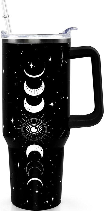 40oz Goth Gothic Tumbler with Handle and Straw, Stainless Steel Vacuum Insulated Flip Straw Butterfly Moon Tumbler, - Tumbler