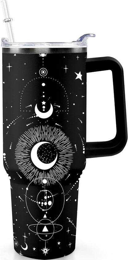 40oz Goth Gothic Tumbler with Handle and Straw, Stainless Steel Vacuum Insulated Flip Straw Butterfly Moon Tumbler, - Tumbler