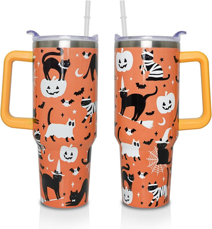 40 Oz Tumbler with Handle and Straw, Cute Stainless Steel Double Walled Vacuum Insulated Cup, Holiday Gifts - Tumbler