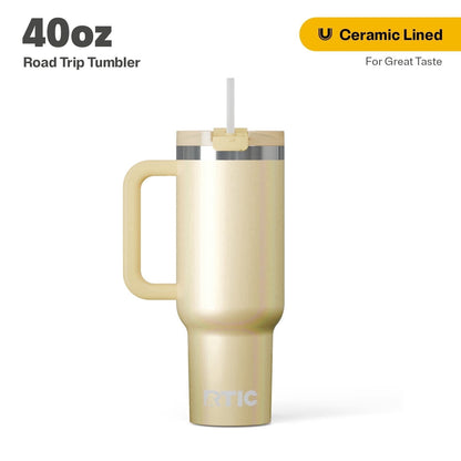 RTIC 40 oz Ceramic Lined Road Trip Tumbler with Handle and Leak-Resistant Straw Lid, White Glitter - Tumbler