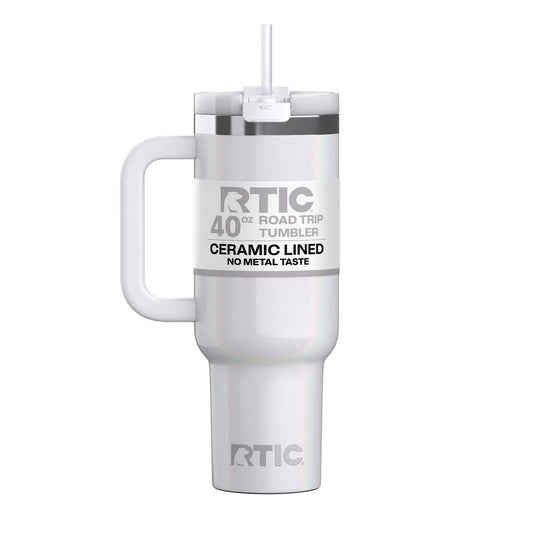 RTIC 40 oz Ceramic Lined Road Trip Tumbler with Handle and Leak-Resistant Straw Lid, White Glitter