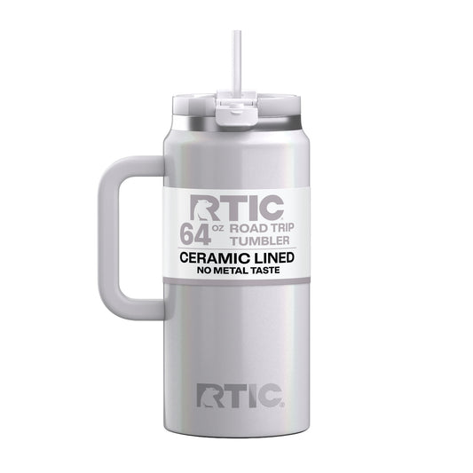 RTIC 64 oz Ceramic Lined Road Trip Tumbler with Handle and Leak-Resistant Straw Lid, White Glitter
