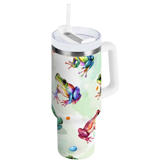Ryvnso 40 oz Tumbler with Handle and Straw Cartoon Frogs Green Insulated Stainless Steel Travel Mug with Lid
