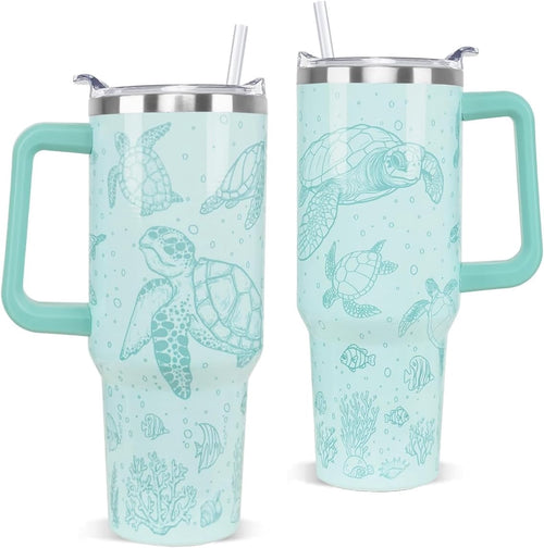 Sea Turtle Tumbler with Handle and Straw 40 oz Turtle Cup Hawaiian Ocean Turtles Coffee Travel Mug Stainless Steel Insulated Water Bottle Sea Turtles Stuff Decor Gifts for Women