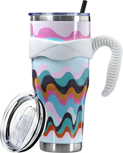 Sunmdecor Pink Leopard Print Tumbler with Handle and Silicone Straws - 40 Oz Cheetah Insulated Tumbler - - Tumbler