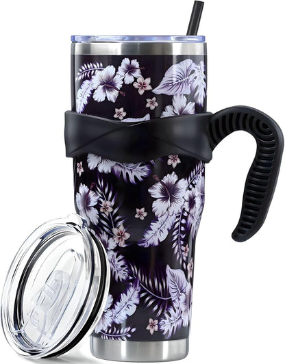 Sunmdecor Pink Leopard Print Tumbler with Handle and Silicone Straws - 40 Oz Cheetah Insulated Tumbler - - Tumbler
