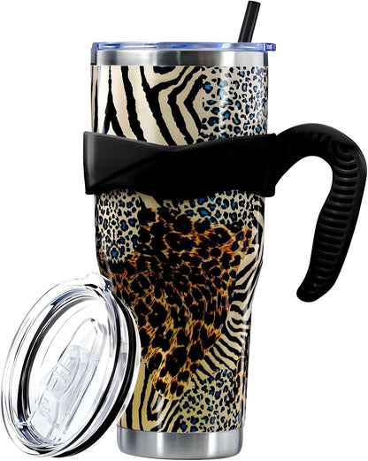 Sunmdecor Pink Leopard Print Tumbler with Handle and Silicone Straws - 40 Oz Cheetah Insulated Tumbler - - Tumbler