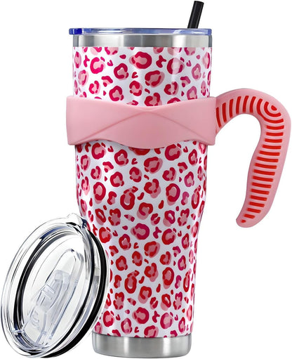 Sunmdecor Pink Leopard Print Tumbler with Handle and Silicone Straws - 40 Oz Cheetah Insulated Tumbler - - Tumbler