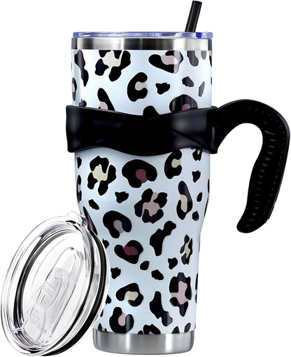 Sunmdecor Pink Leopard Print Tumbler with Handle and Silicone Straws - 40 Oz Cheetah Insulated Tumbler - - Tumbler