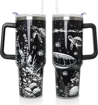 40 oz Tumbler with Handle and Straw Lid, Purple Butterfly Insulated Cup, Double Vacuum Leak Proof Coffee - Tumbler