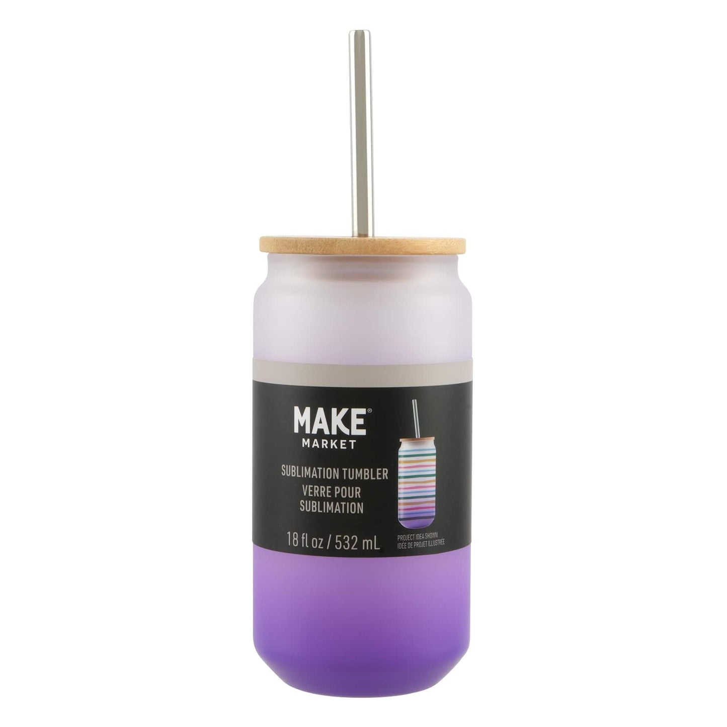 Purple Frosted Glass Sublimation Tumbler by Make Market â€“ 18oz Drinkware with Bamboo Lid & Metal Straw - Designed for Custom Heat Transfer - Hand Wash Only - 12 Pack