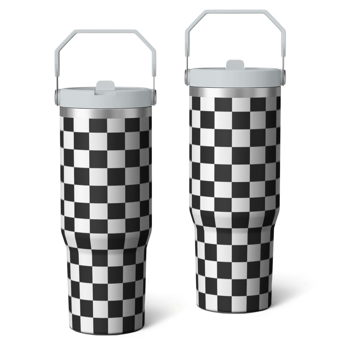 1pc Black and white grid 30oz Tumbler with Straw & Handle - Insulated Stainless Steel Cup | Holiday Gift for Man Women (Christmas, Valentine's, Birthday)